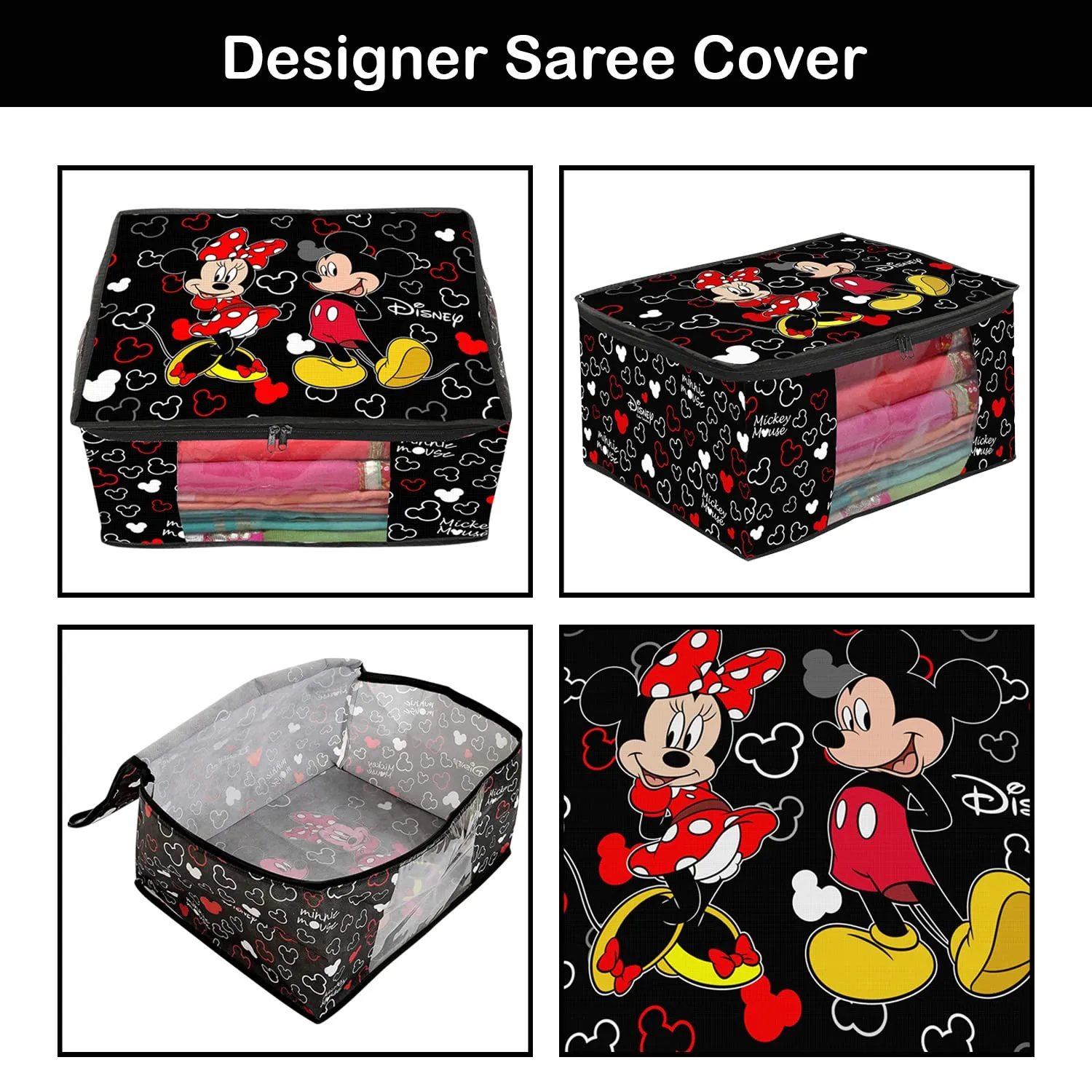 Heart Home Disney Mickey Saree Cover|Non-Woven Foldable Clothes Bag|Transparent Window Wardrobe Organizer|Extra Large|Pack of 6 (Black)