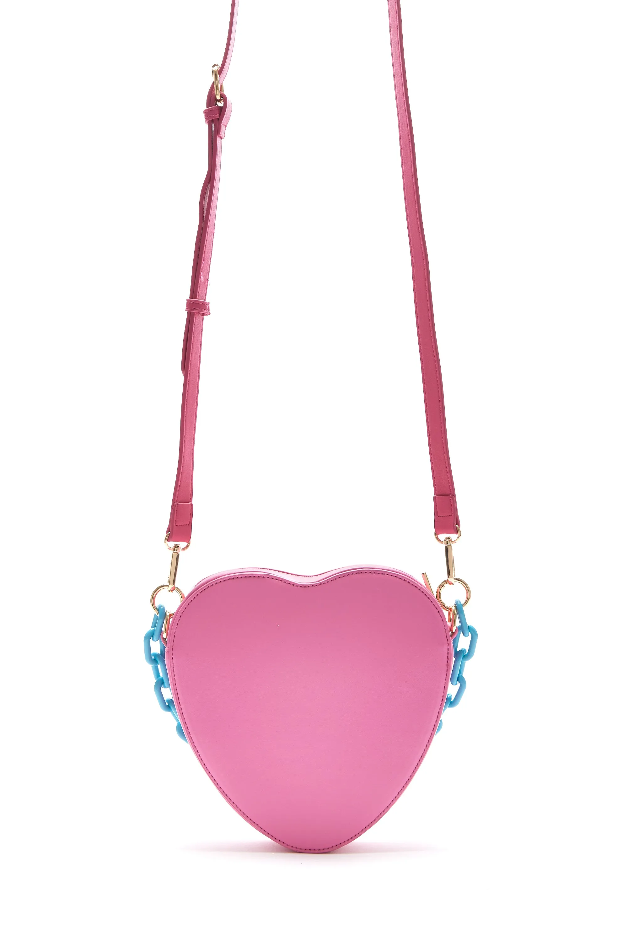 House Of Holland Heart Shape Cross Body Bag In Pink With A Chain Detail And Printed Logo