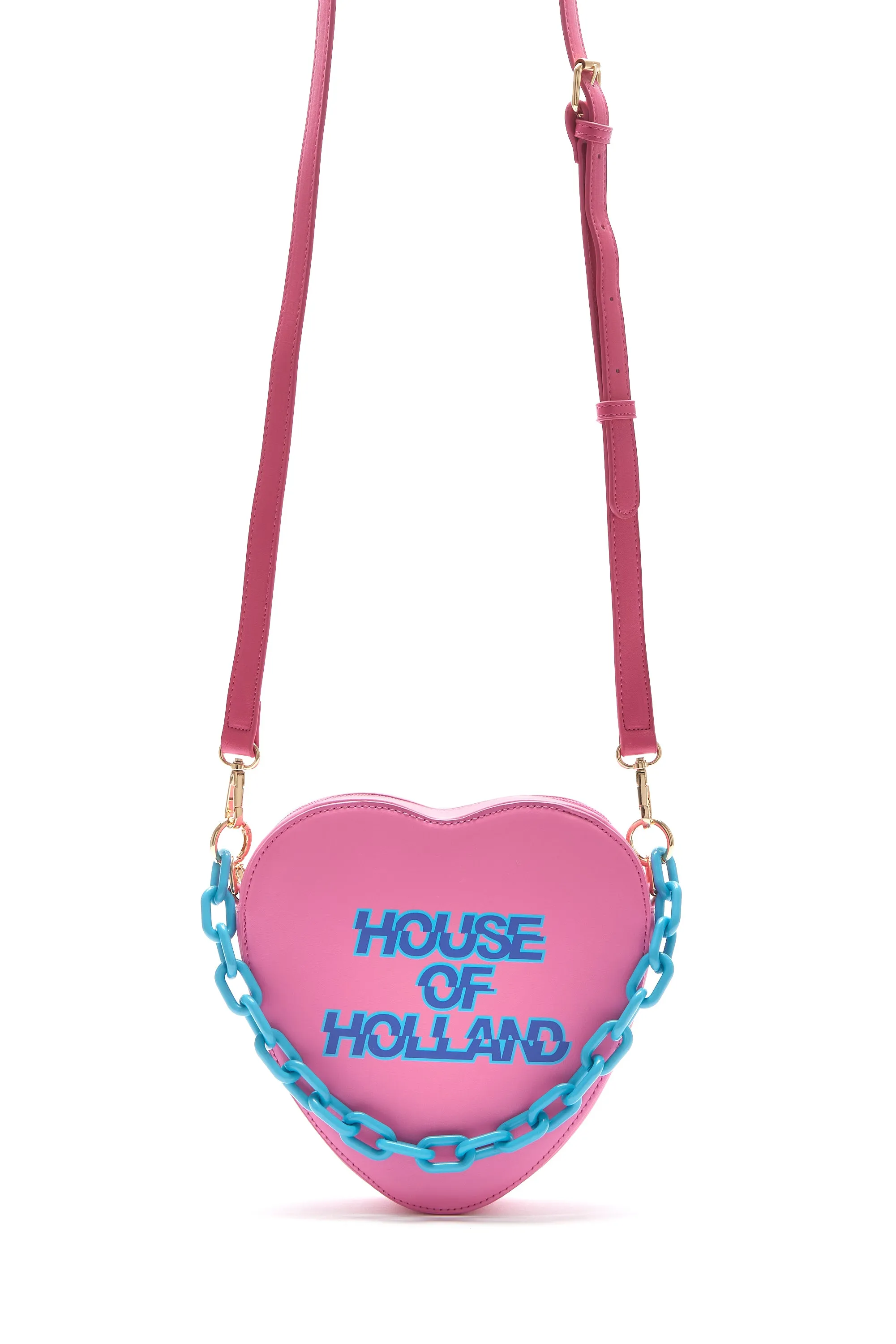 House Of Holland Heart Shape Cross Body Bag In Pink With A Chain Detail And Printed Logo