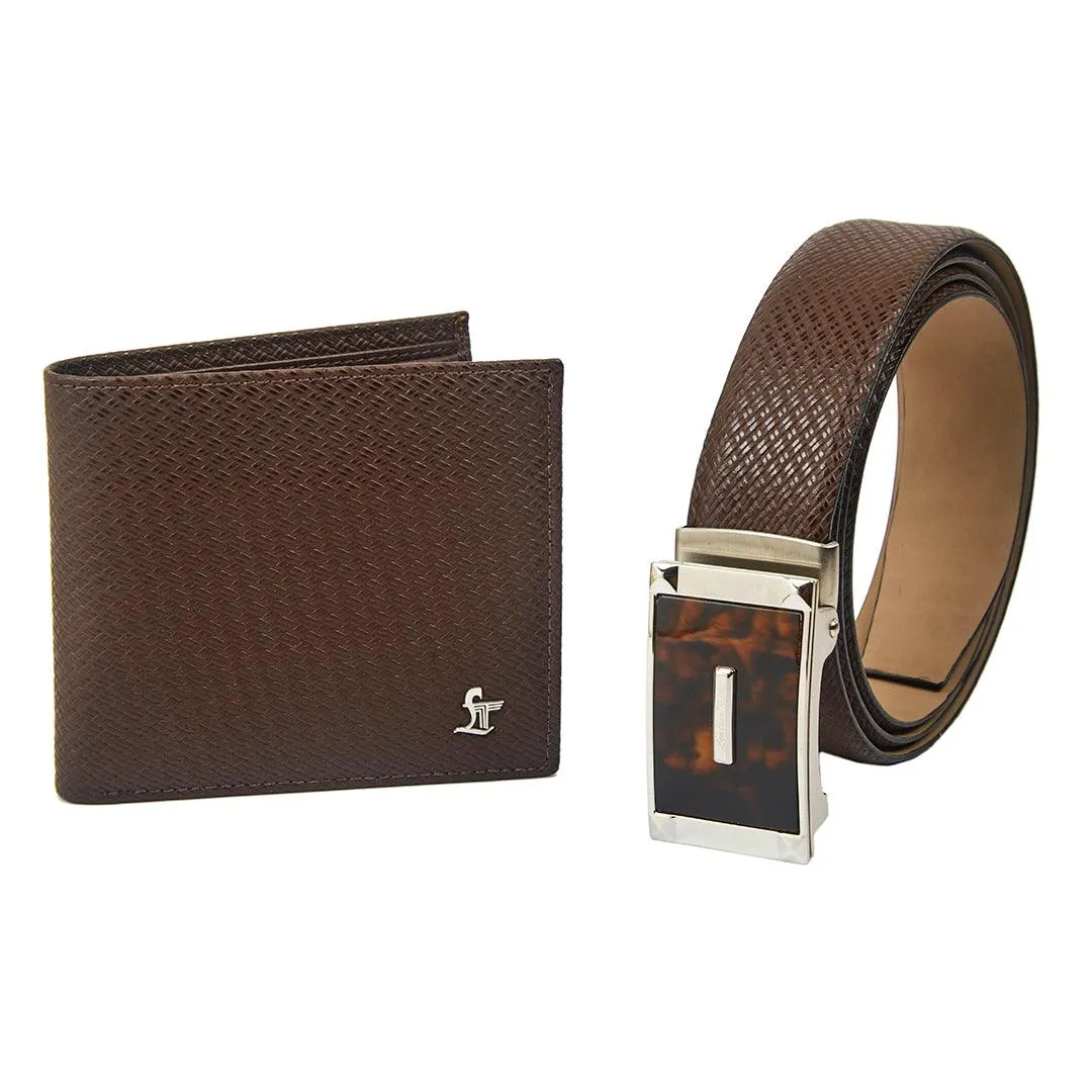 Italian Small Weave | Genuine Leather Wallet and Belt Gift Set | Wallet and Belt Combo | Plus Size Mens Belts| Color: Brown