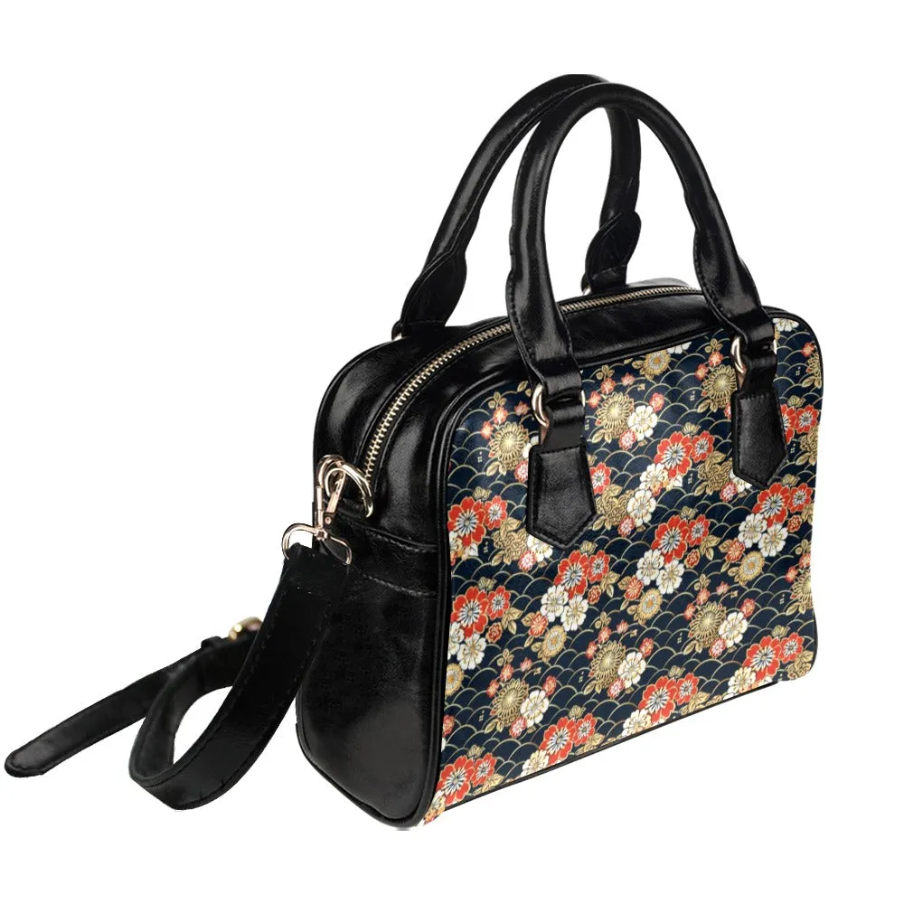 Japanese Floral Purse, Asian Flowers Retro Pattern Cute Small Shoulder Zip Bag Vegan Leather Women Designer Handbag Crossbody Ladies