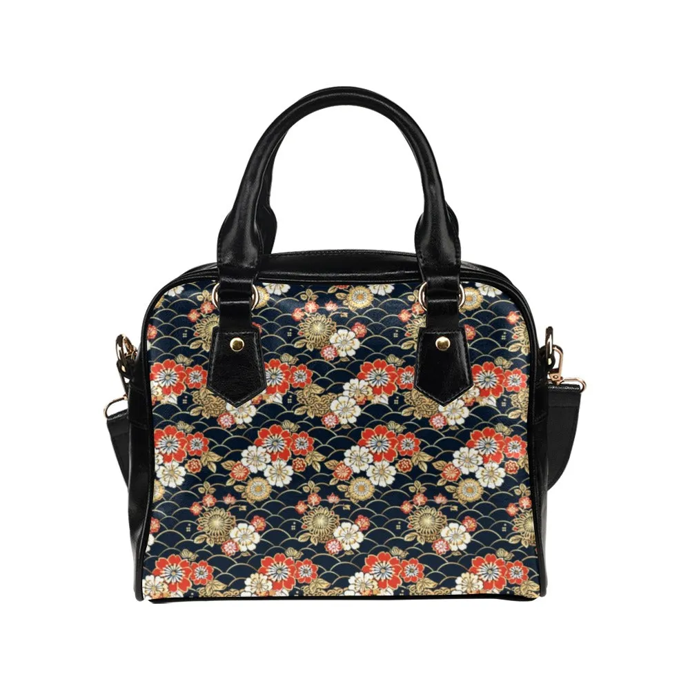 Japanese Floral Purse, Asian Flowers Retro Pattern Cute Small Shoulder Zip Bag Vegan Leather Women Designer Handbag Crossbody Ladies