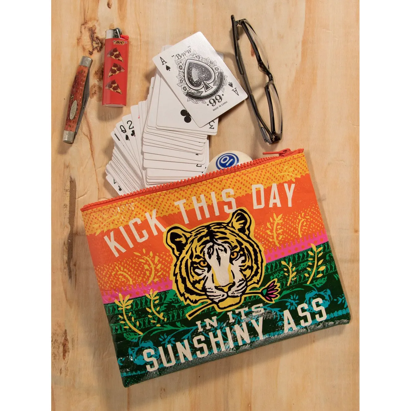 Kick This Day In Its Sunshiny Ass Tiger Recycled Material Zipper Pouch | BlueQ at GetBullish