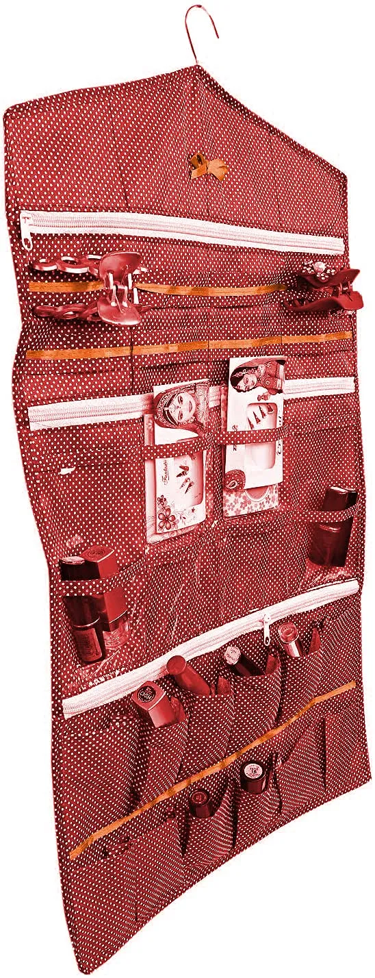 Kuber Industries Dot Printed Hanging Jewellery Organizer, Hanging Wall Pocket Storage Bag for Storing Earrings Necklace Bracelet Ring Accessory with Hanger (Red)