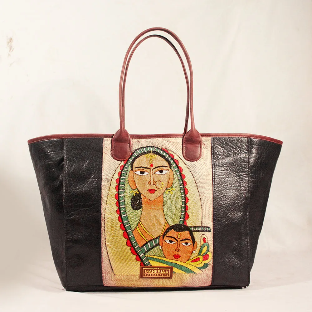 Large Tote Black - Genuine Leather Embroidery