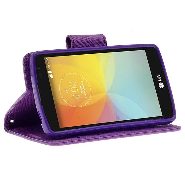 LG F60 | Optimus F60 | MS395 | D390N Case, Wrist Strap Flip Folio [Kickstand Feature] Pu Leather Wallet Case with ID & Credit Card Slots - Purple