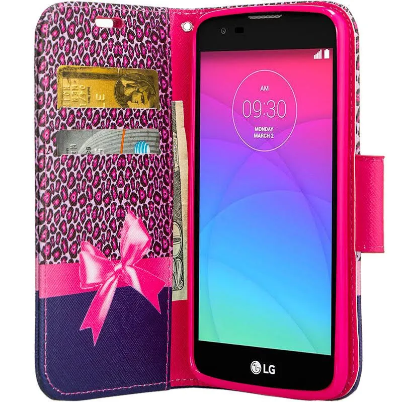 LG K10 / LG Premier LTE Case, Wrist Strap Magnetic Fold[Kickstand] Pu Leather Wallet Case with ID & Credit Card Slots - Hot Pink Cheetah