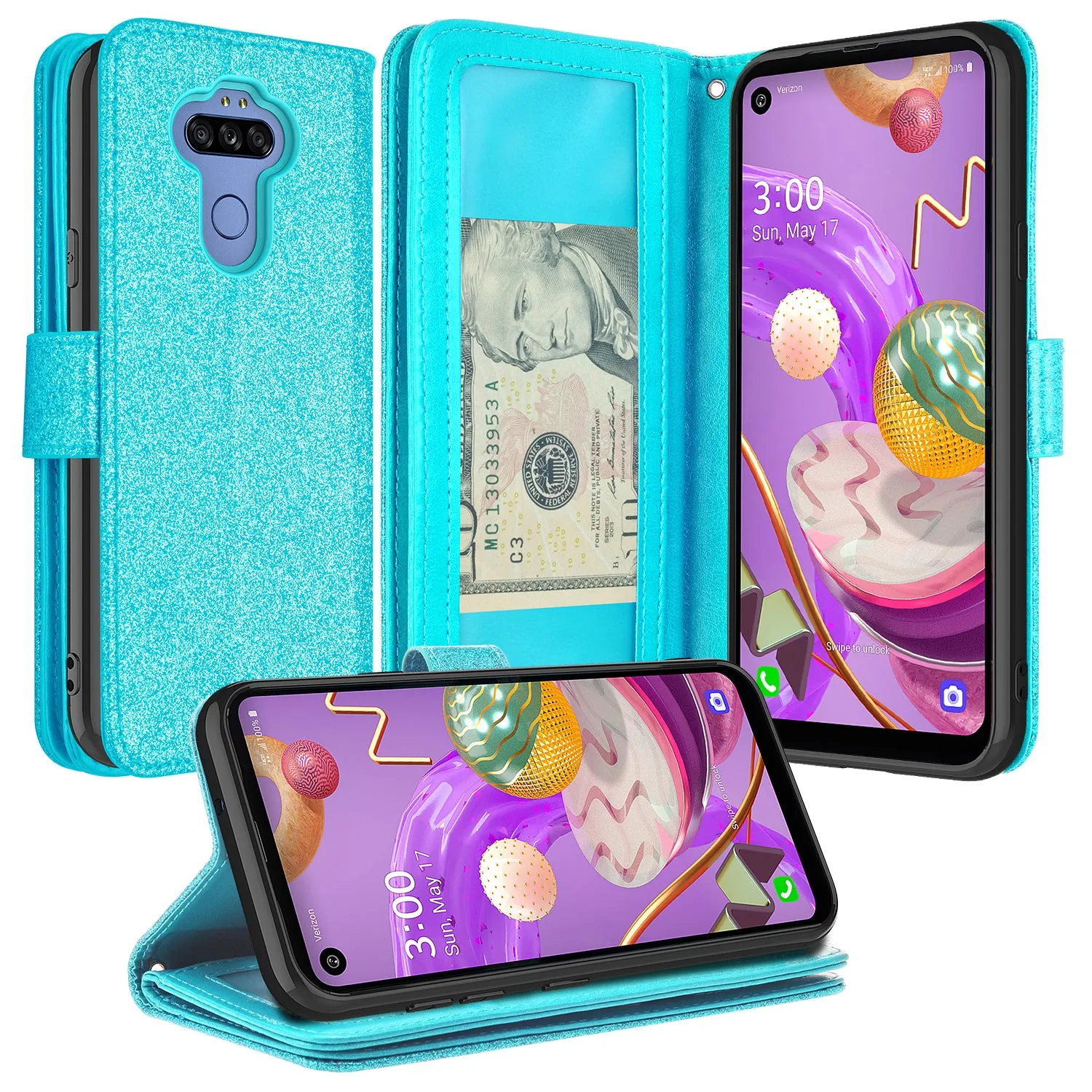 LG K51 Case, Glitter Faux Leather Flip Credit Card Holder Wrist Strap Shockproof Protective Wallet Case Clutch for K51 - Teal