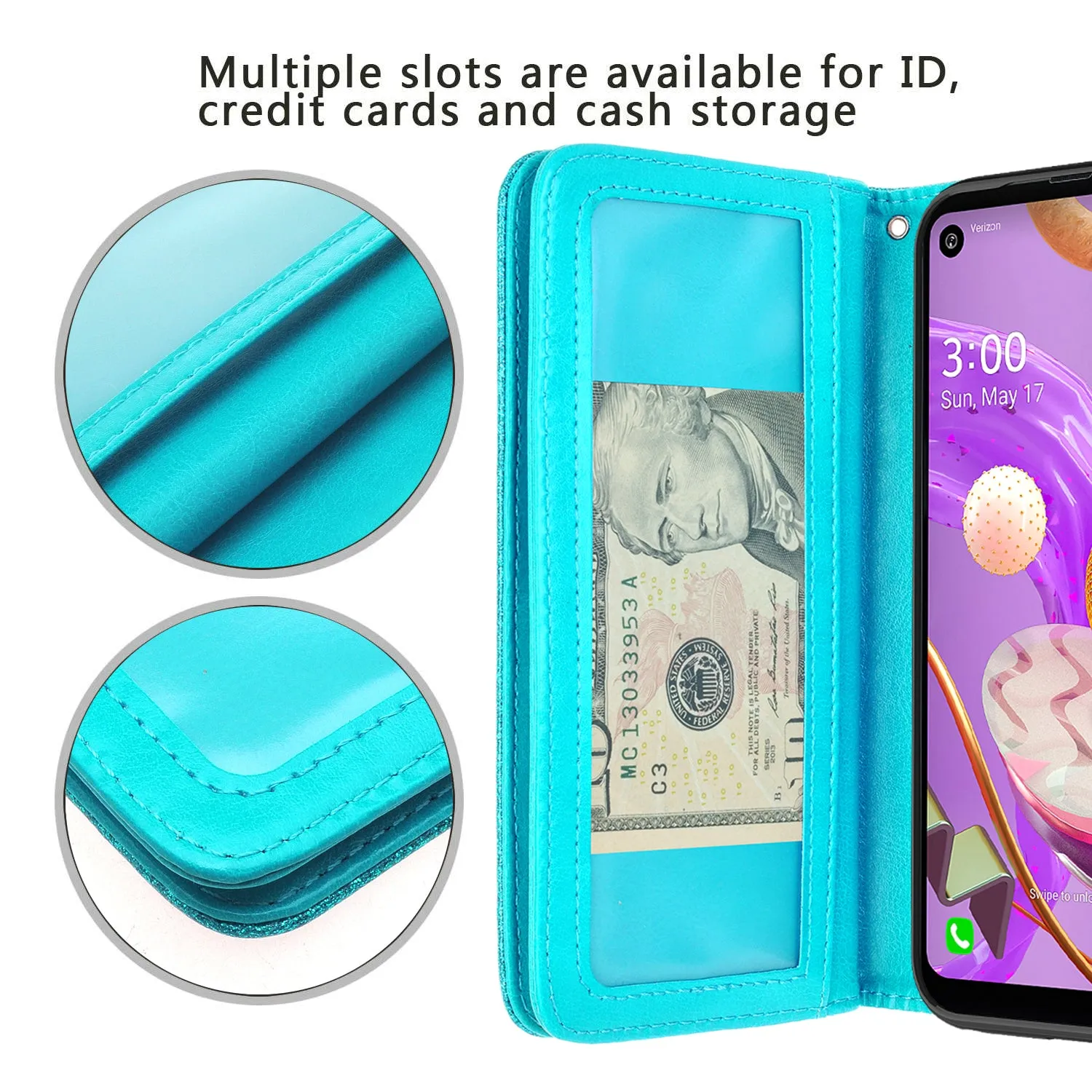 LG K51 Case, Glitter Faux Leather Flip Credit Card Holder Wrist Strap Shockproof Protective Wallet Case Clutch for K51 - Teal