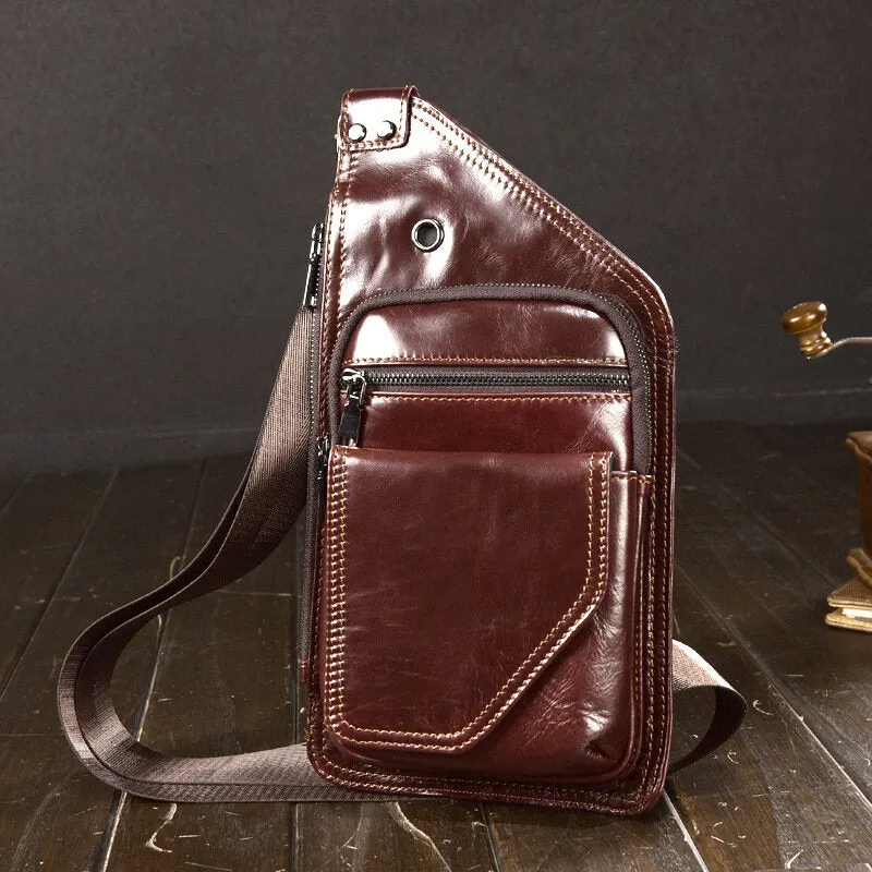 Men Genuine Leather Retro Multifunction Earphone Hole Crossbody Bag Chest Sling