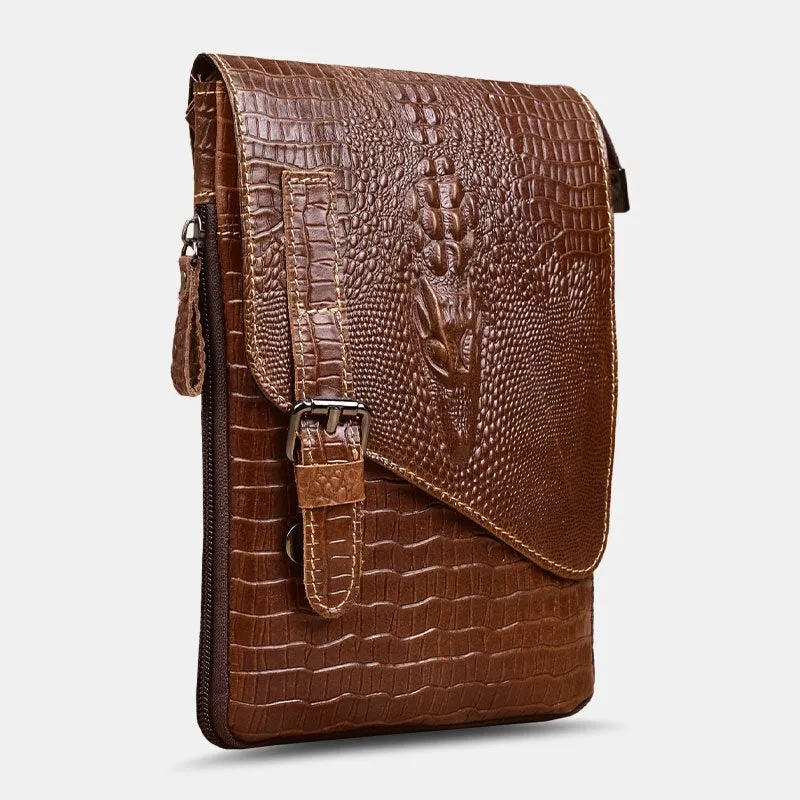 Men Genuine Leather Wear-Resistant Crocodile Texture Casual Crossbody Bag Shoulder