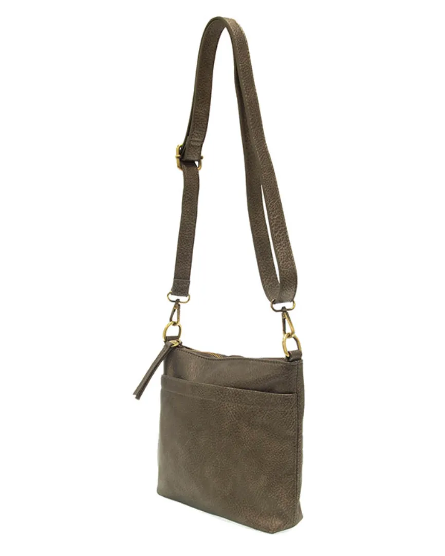 Metallic Pewter Top Zip Crossbody Bag