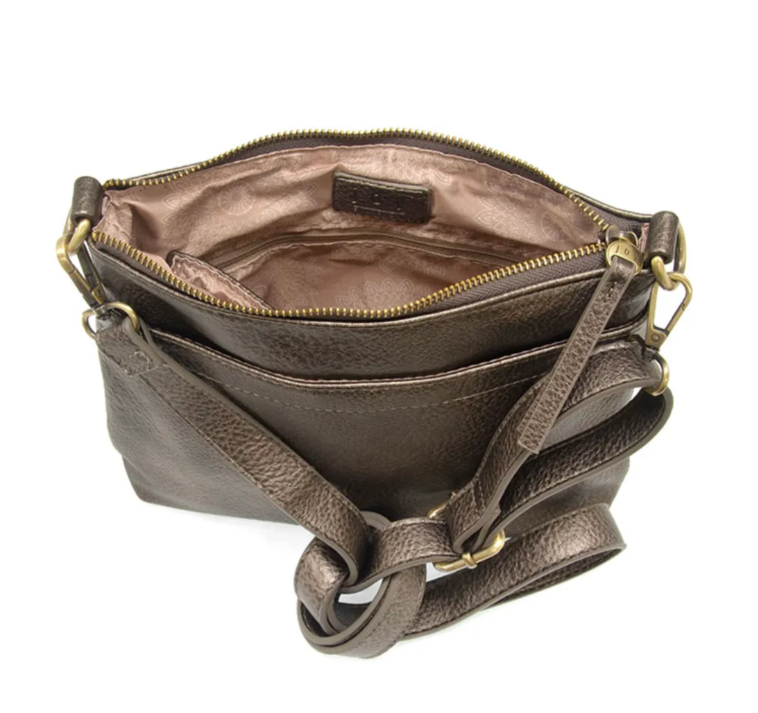 Metallic Pewter Top Zip Crossbody Bag