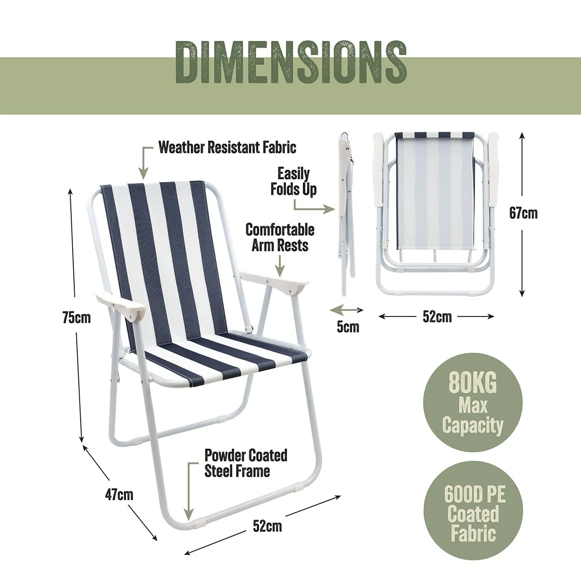 Milestone 12100 Classic Striped Beach Chair/Holiday Deckchair/Blue and White Striped / L52 x W47 x H75cm