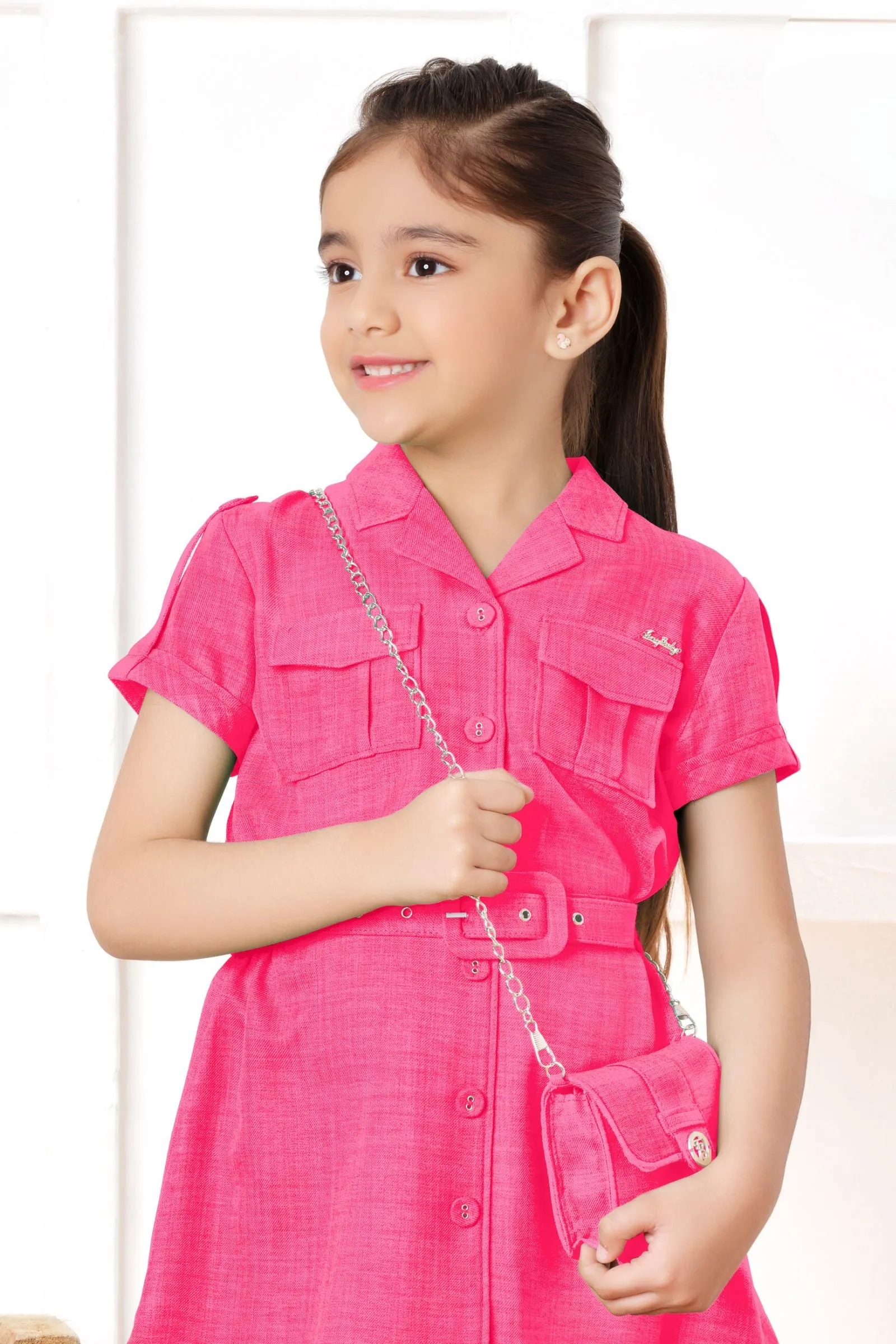 Neon Pink Short Frock For Girls with Belt and Bag