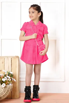 Neon Pink Short Frock For Girls with Belt and Bag