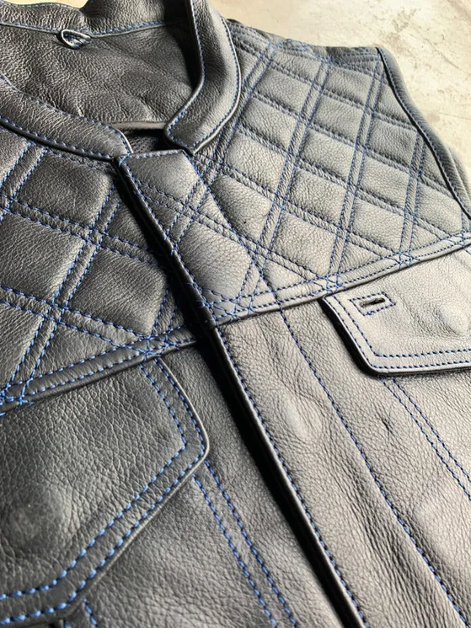 Open Road Men's Upside Leather with Blue Stitched Diamonds Vest