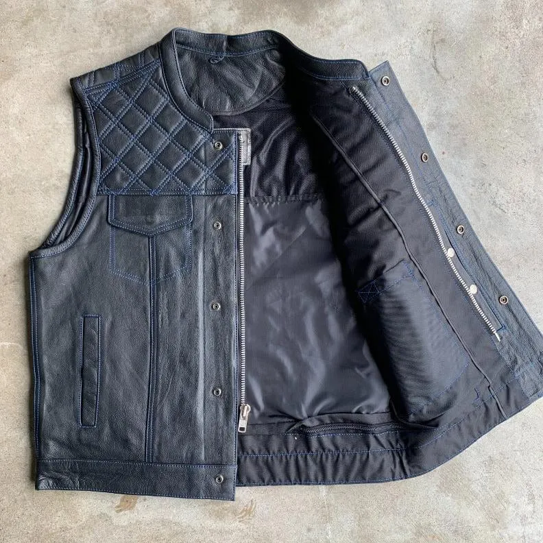 Open Road Men's Upside Leather with Blue Stitched Diamonds Vest