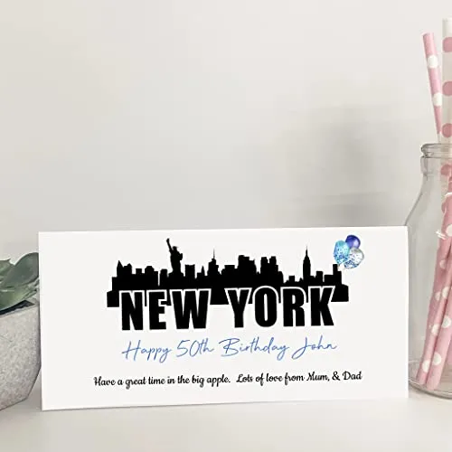 Personalised Birthday Card Money Gift Wallet Travel Voucher New York Blue