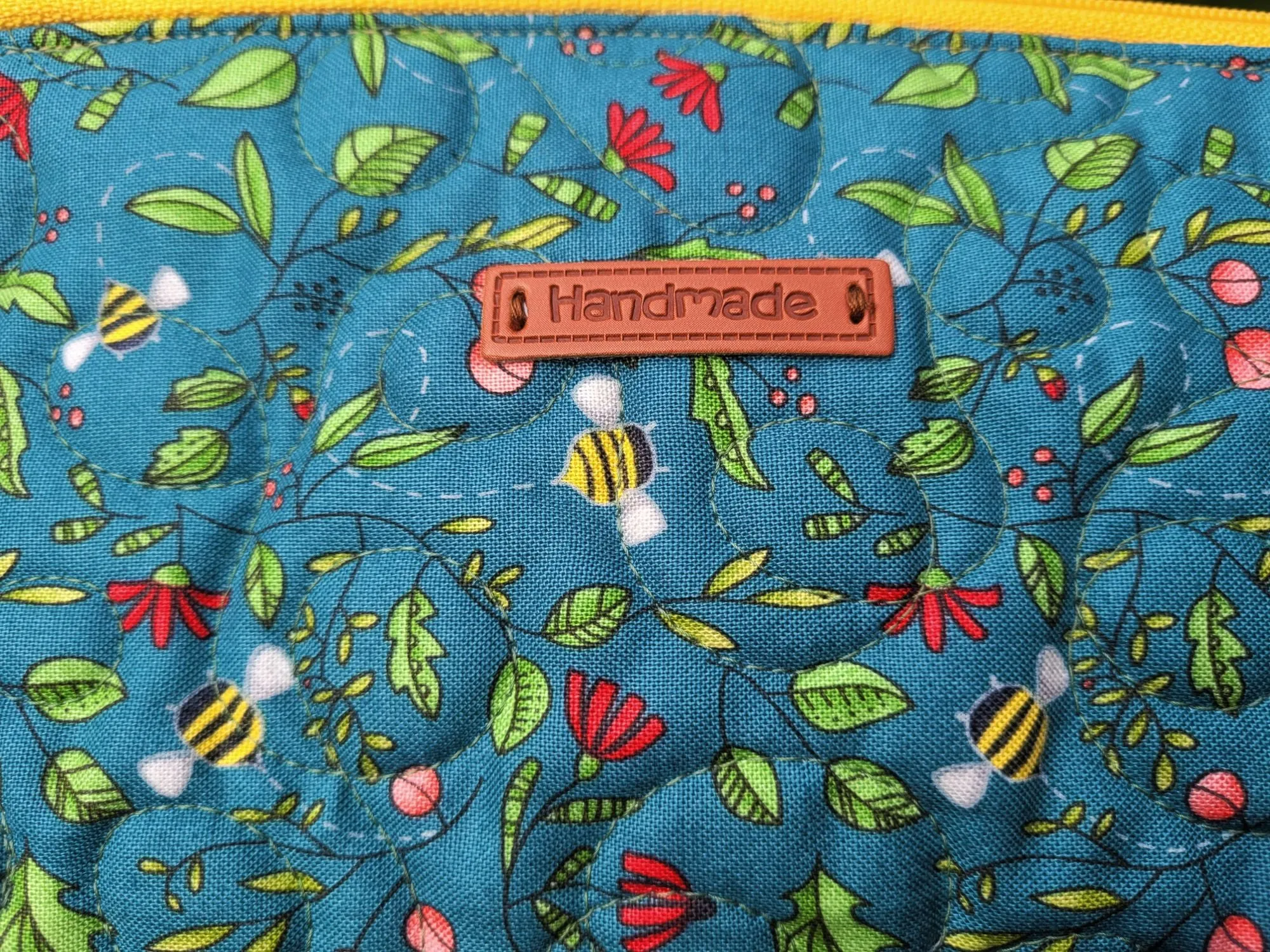 Quilted Zipper Pouch, teal bees