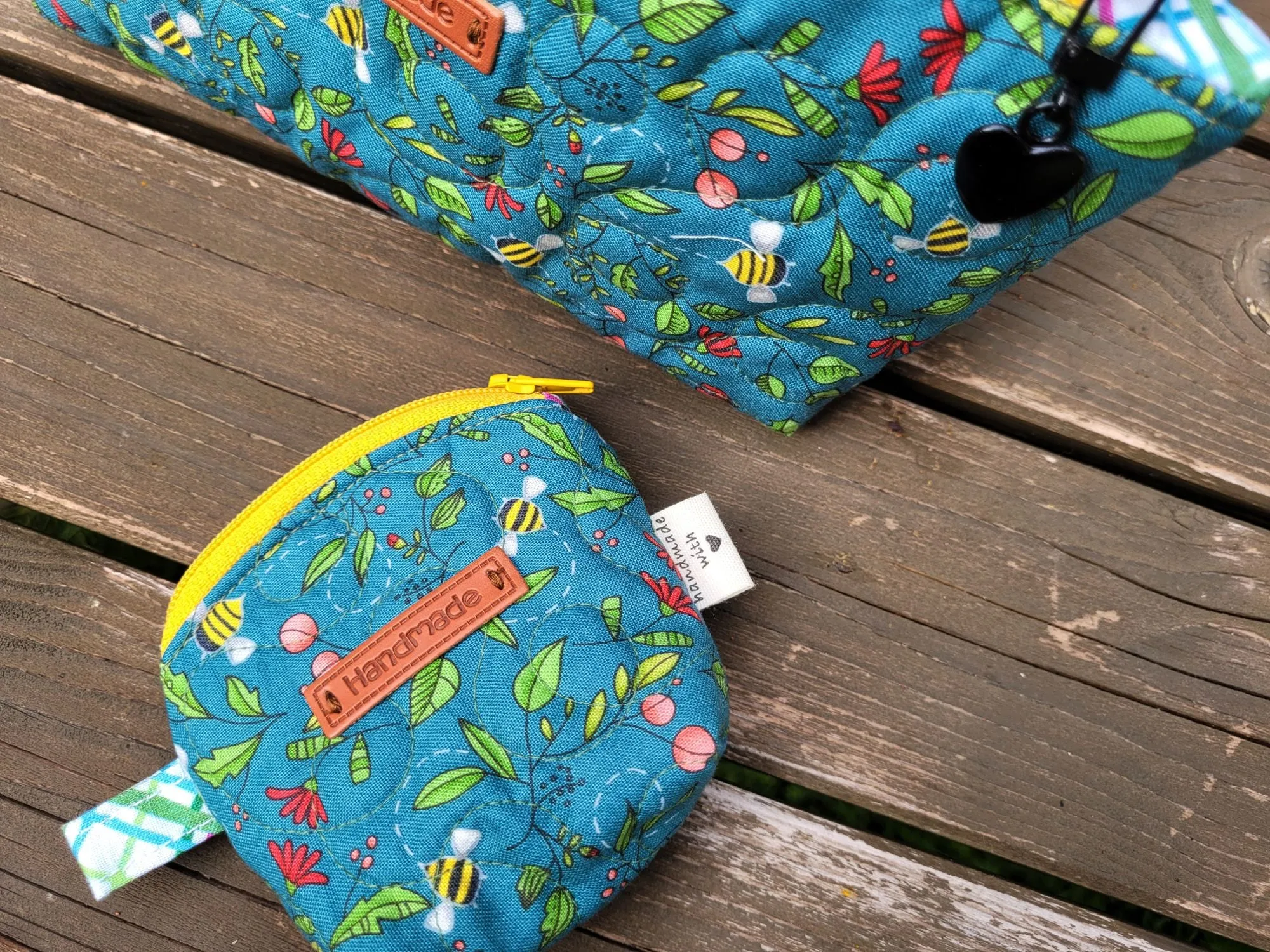 Quilted Zipper Pouch, teal bees