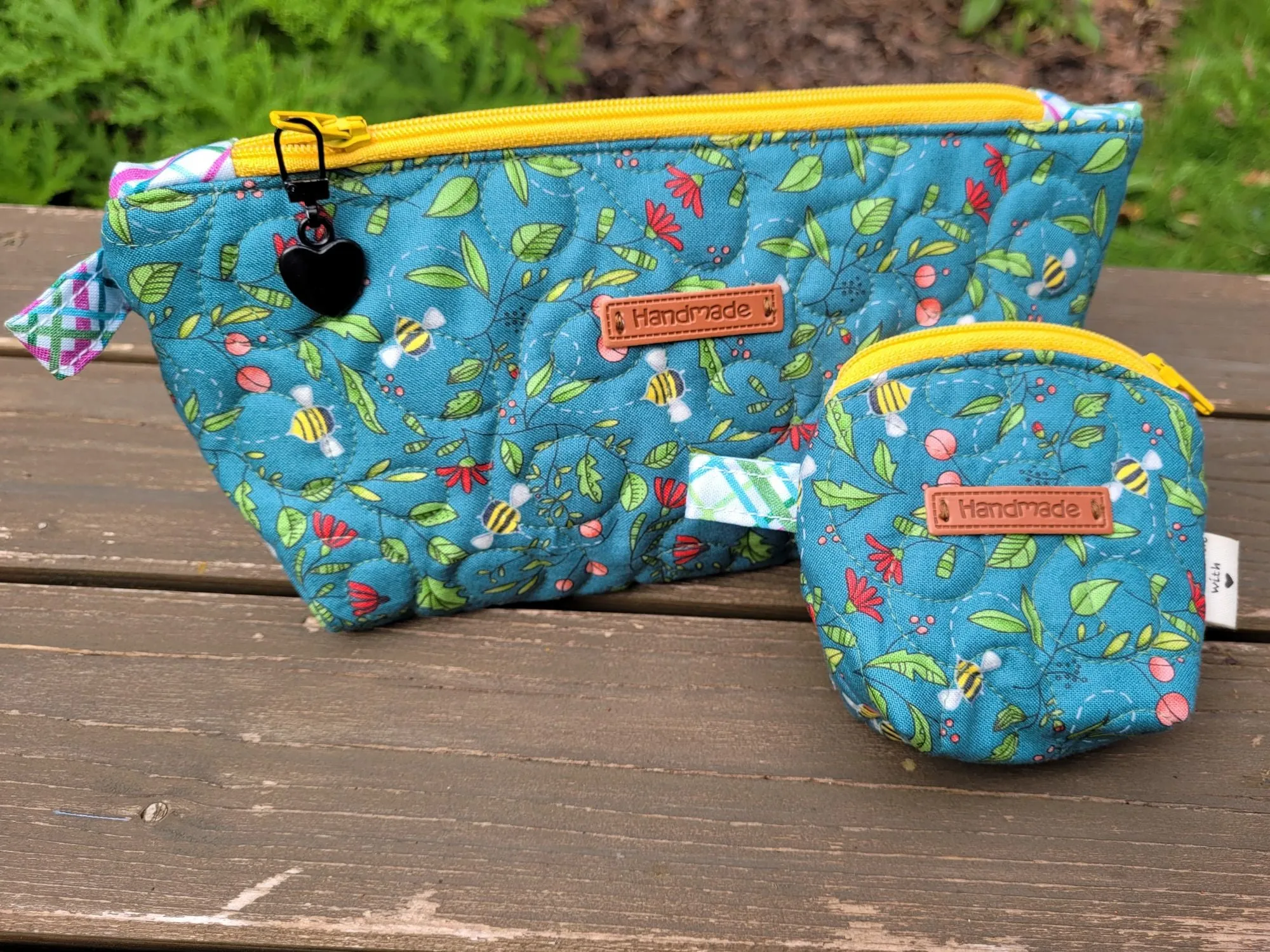 Quilted Zipper Pouch, teal bees