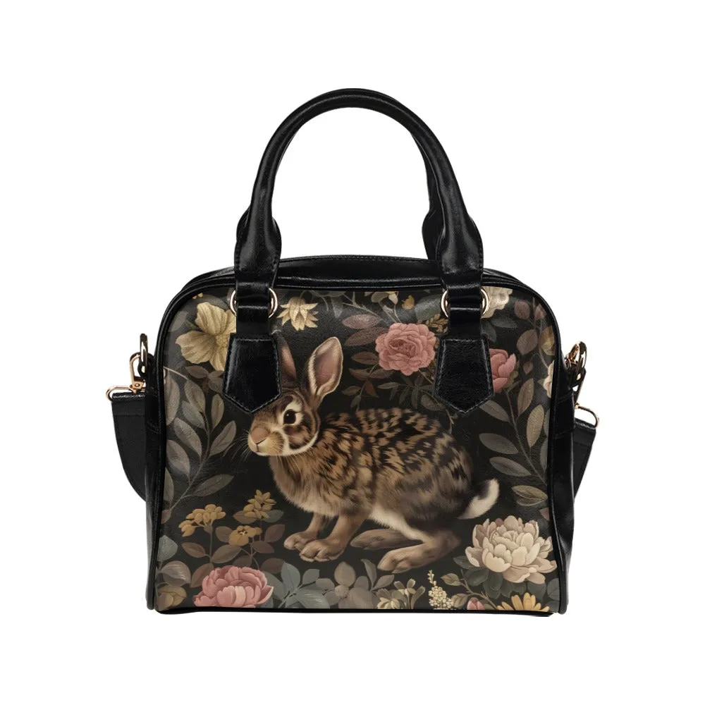 Rabbit Purse, Bunny Animal Retro Vintage Floral Flowers Black Print Small Shoulder Bag Vegan Leather Women Designer Handbag Crossbody Ladies