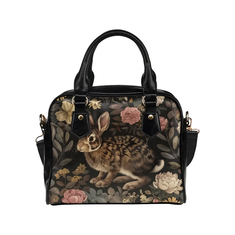 Rabbit Purse, Bunny Animal Retro Vintage Floral Flowers Black Print Small Shoulder Bag Vegan Leather Women Designer Handbag Crossbody Ladies