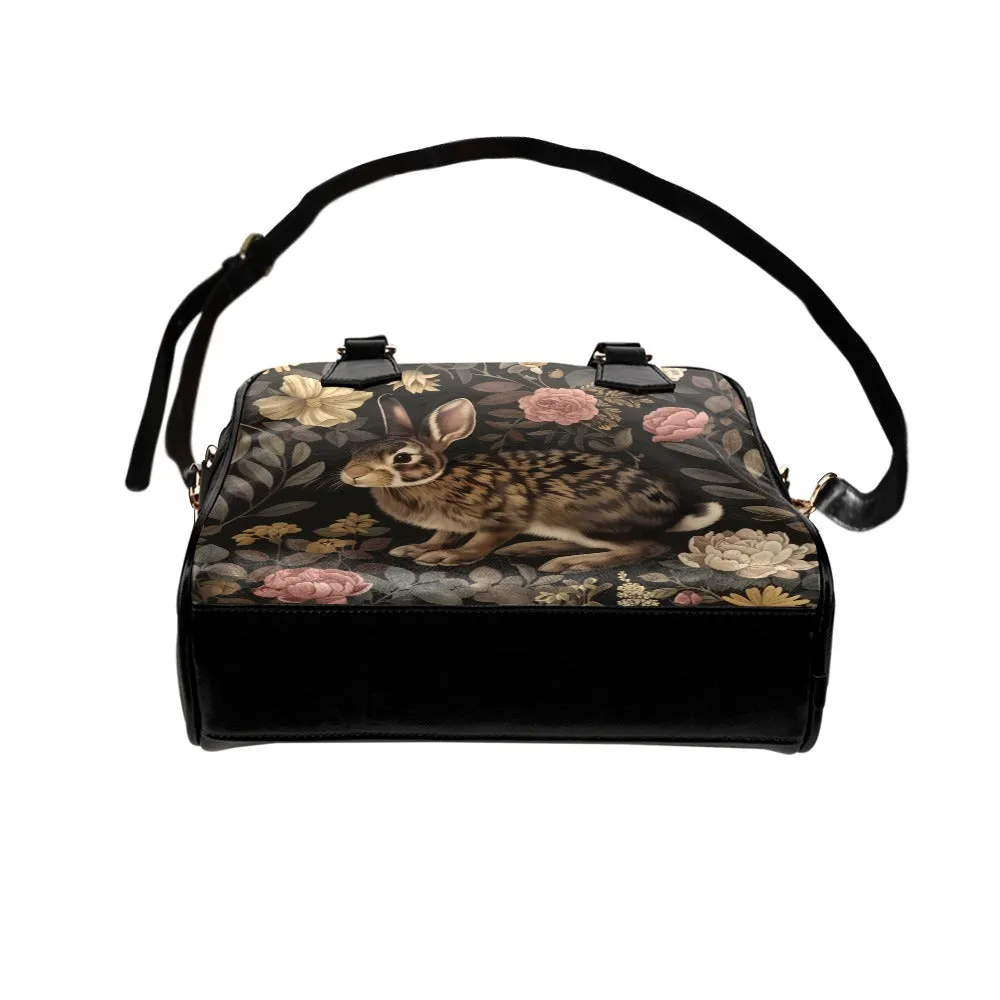 Rabbit Purse, Bunny Animal Retro Vintage Floral Flowers Black Print Small Shoulder Bag Vegan Leather Women Designer Handbag Crossbody Ladies