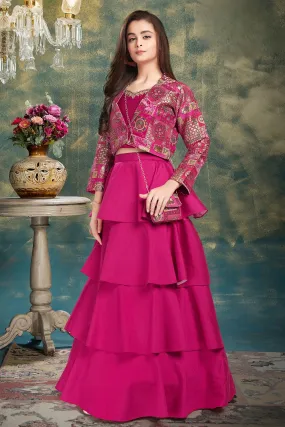 Rani Pink Mirror, Stone, Zardozi and Banaras work Jacket Styled Lehenga Choli for Girls