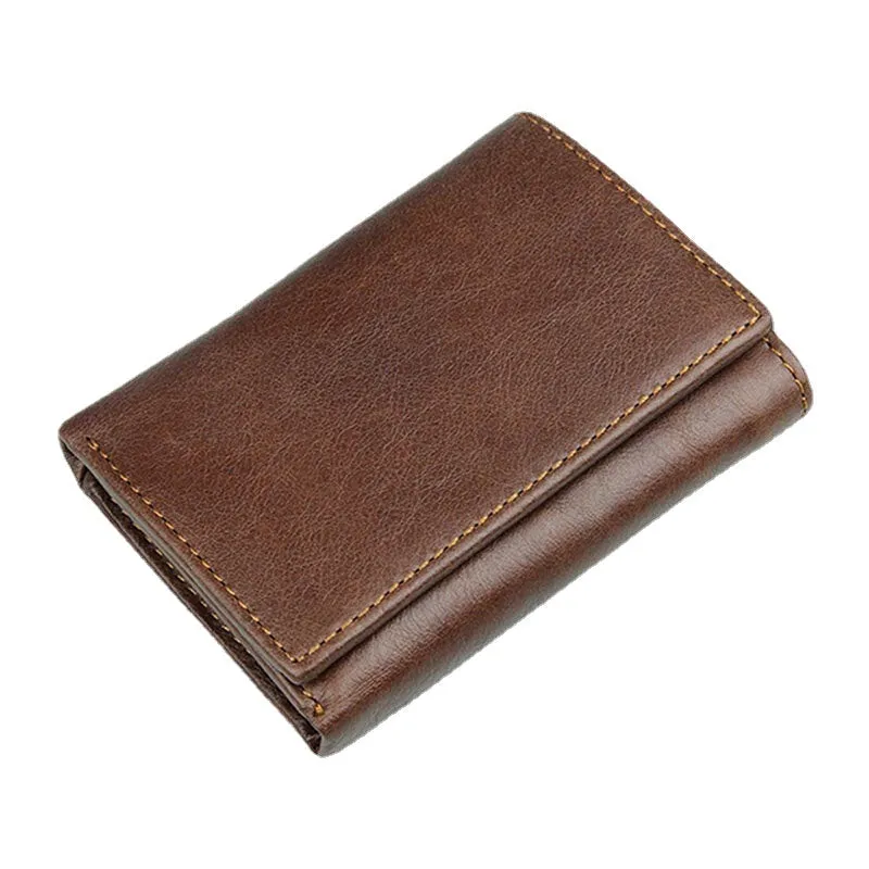 RFID Blocking Genuine Leather Card Holder Vintage Short 7-Card Slots Tri-fold Wallet For Men