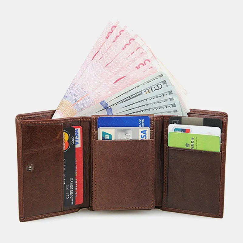 RFID Blocking Genuine Leather Card Holder Vintage Short 7-Card Slots Tri-fold Wallet For Men