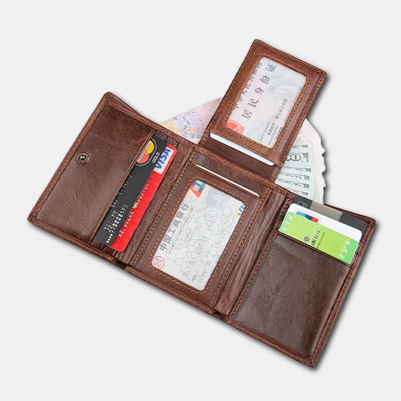 RFID Blocking Genuine Leather Card Holder Vintage Short 7-Card Slots Tri-fold Wallet For Men