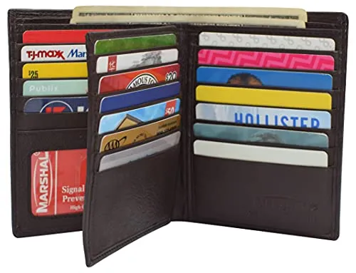 RFID Blocking Men's Bifold Hipster Center Flap Large Capacity Genuine Leather Wallet