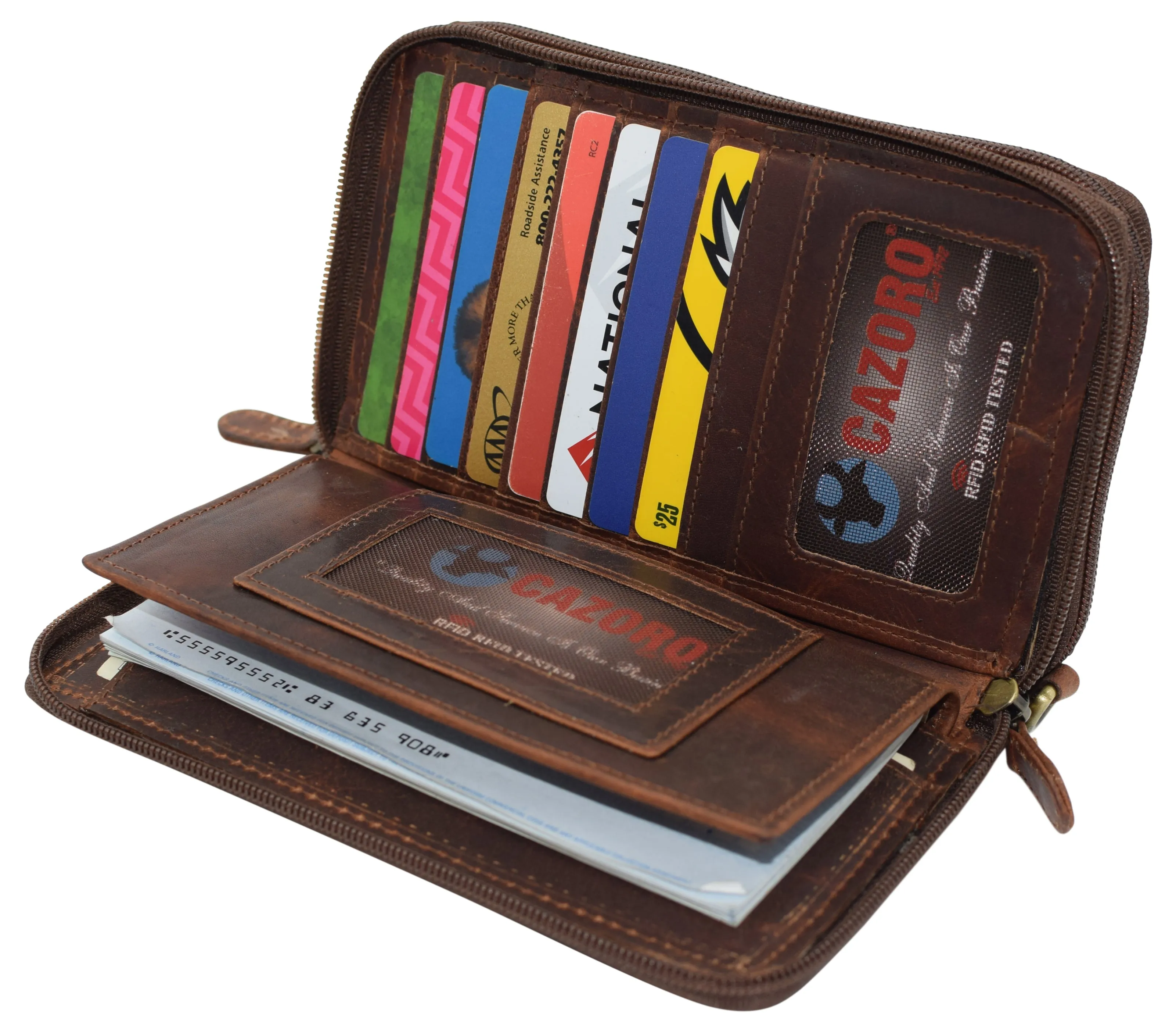 RFID4575RHU RFID Blocking Wallets for Women Vintage Leather Double Zipper Clutch Checkbook Ladies Wallet