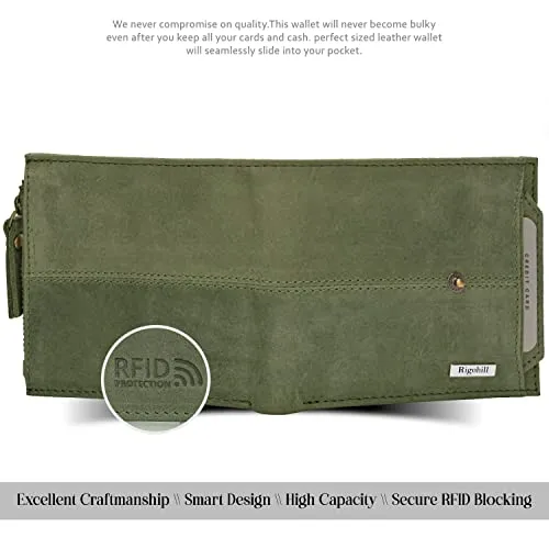 Rigohill Doger Olive Green Leather Wallet For Men, 2 Card Slot | RFID Wallet