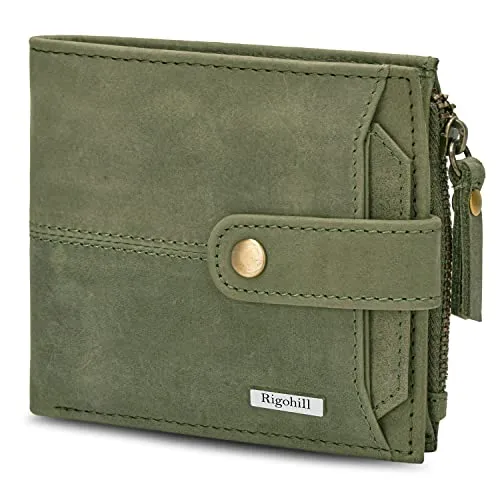 Rigohill Doger Olive Green Leather Wallet For Men, 2 Card Slot | RFID Wallet