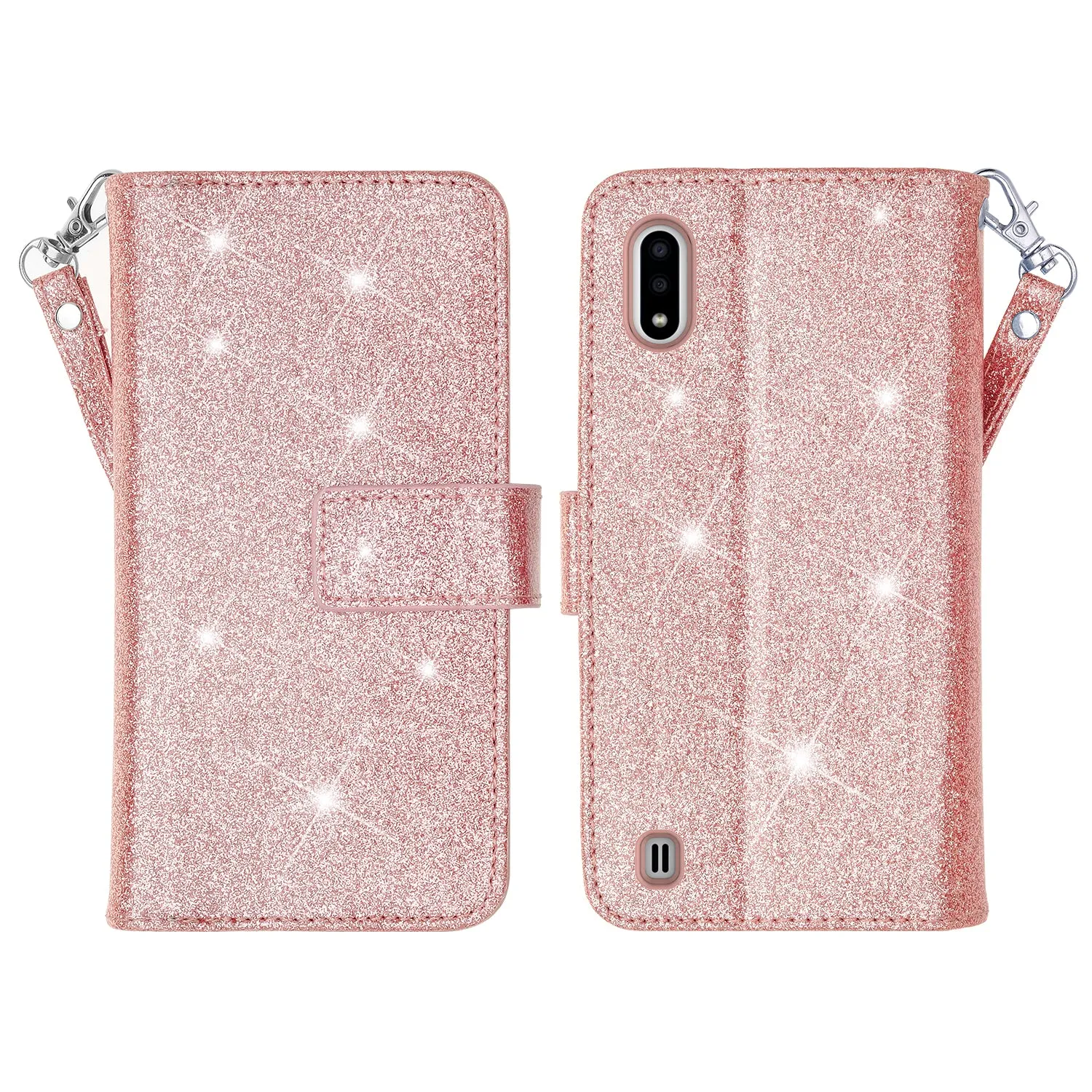 Samsung Galaxy A01 Case, Galaxy A01 Case, Glitter Faux Leather Flip Credit Card Holder Wrist Strap Shockproof Protective Wallet Case Clutch for Galaxy A01 - Rose Gold