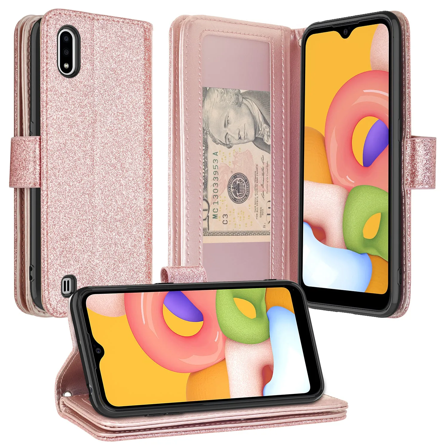 Samsung Galaxy A01 Case, Galaxy A01 Case, Glitter Faux Leather Flip Credit Card Holder Wrist Strap Shockproof Protective Wallet Case Clutch for Galaxy A01 - Rose Gold