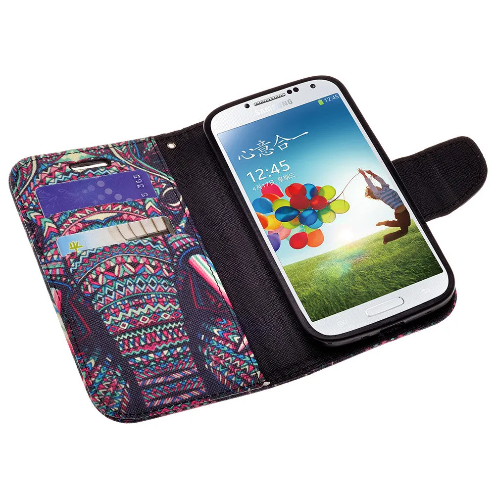 Samsung Galaxy S4 Case, Wrist Strap Magnetic Fold[Kickstand] Pu Leather Wallet Case with ID & Credit Card Slots for Samsung Galaxy S4 - Tribal Elephant