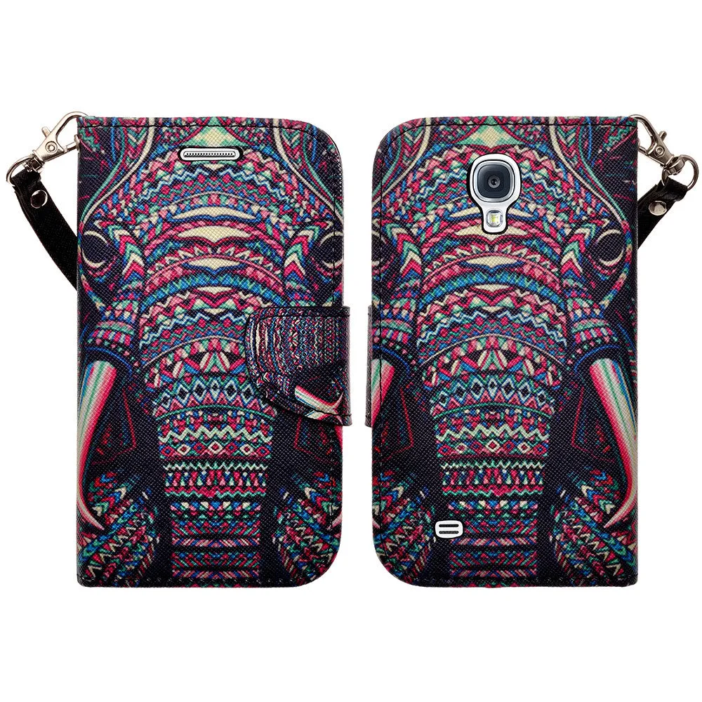 Samsung Galaxy S4 Case, Wrist Strap Magnetic Fold[Kickstand] Pu Leather Wallet Case with ID & Credit Card Slots for Samsung Galaxy S4 - Tribal Elephant