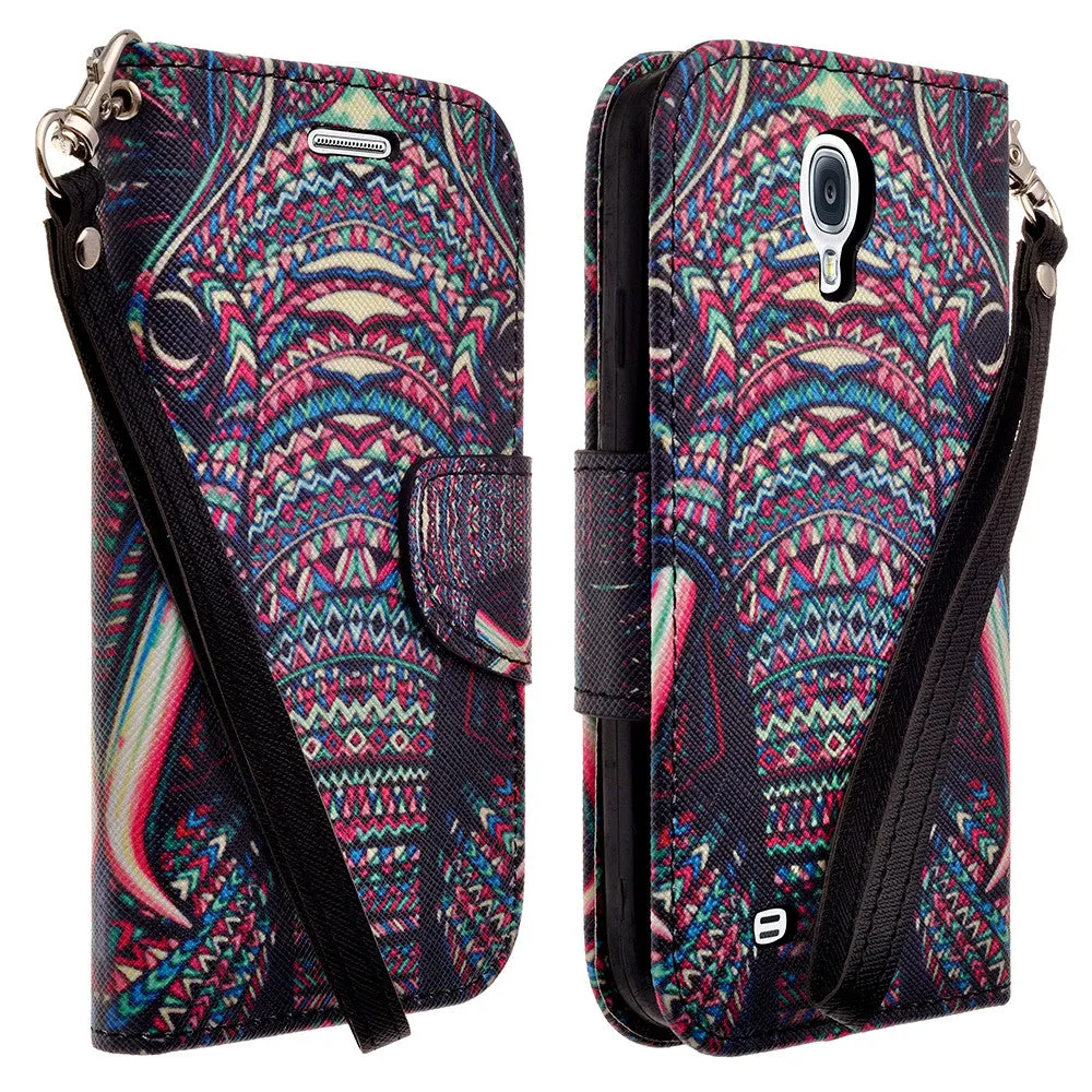 Samsung Galaxy S4 Case, Wrist Strap Magnetic Fold[Kickstand] Pu Leather Wallet Case with ID & Credit Card Slots for Samsung Galaxy S4 - Tribal Elephant