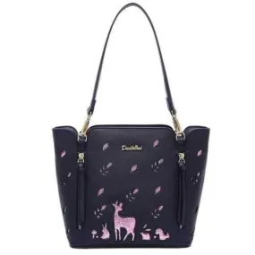 Stitching Embroidered Fawn Print Shoulder Bag - Blue