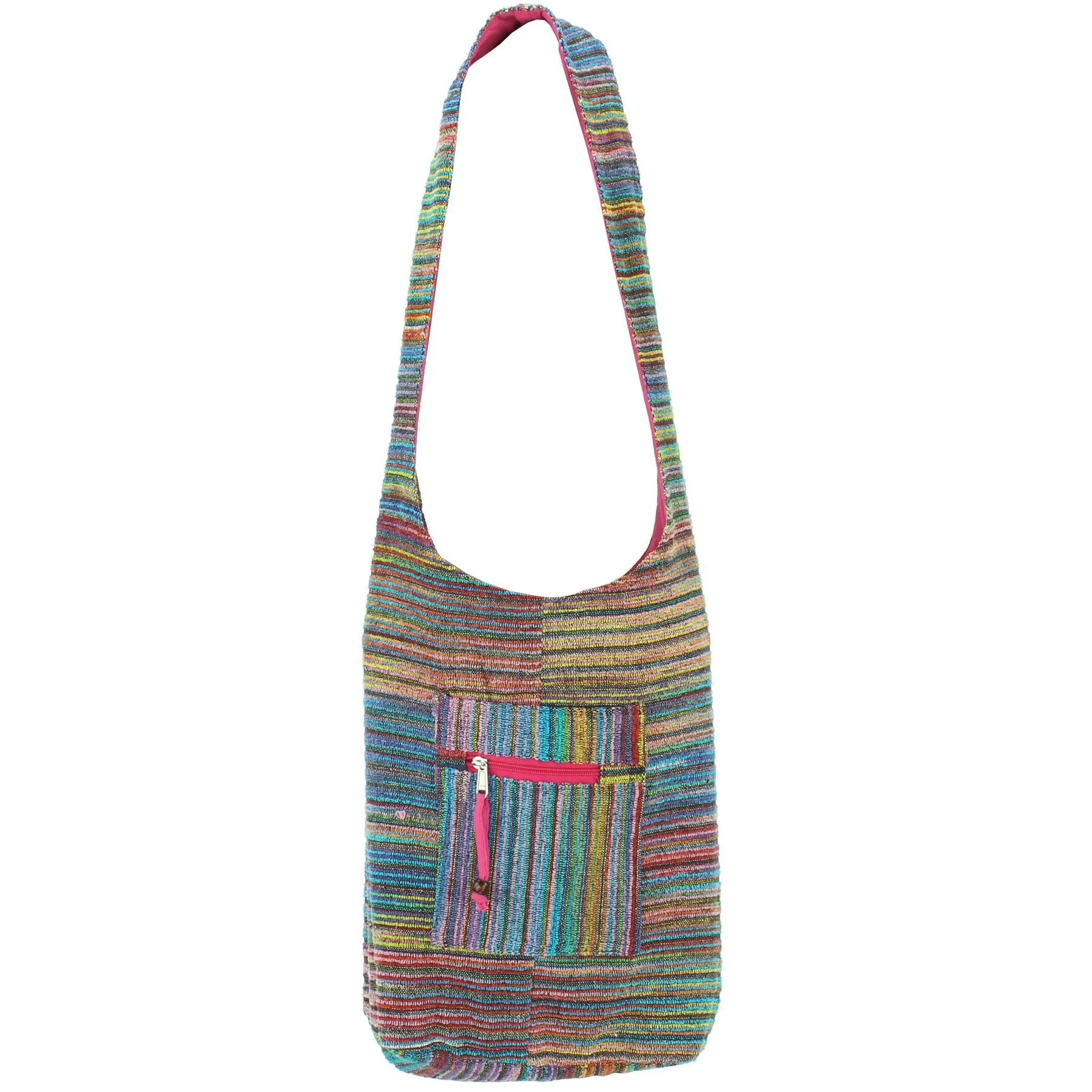 Striped Chenille Sling Shoulder Bag - Multi - Pink Lining