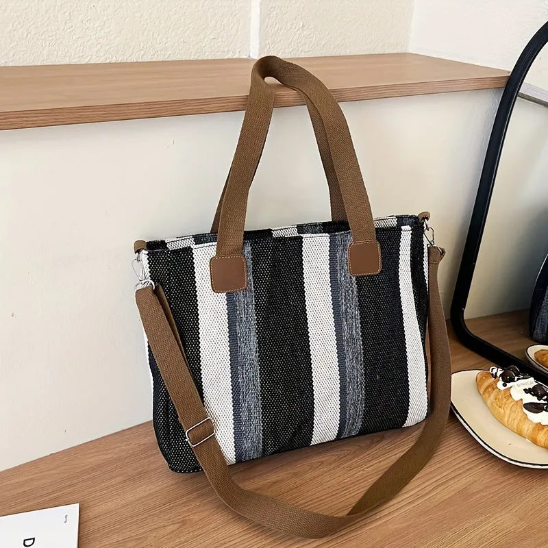 Striped Large Capacity Women's Bag New Style Fashion Commuting Casual Stylish Hand-held Tote Shoulder Messenger Bag Simple Top Handle Bag Ladies Nylon Handbag Casual Women's Large Shopping Bag