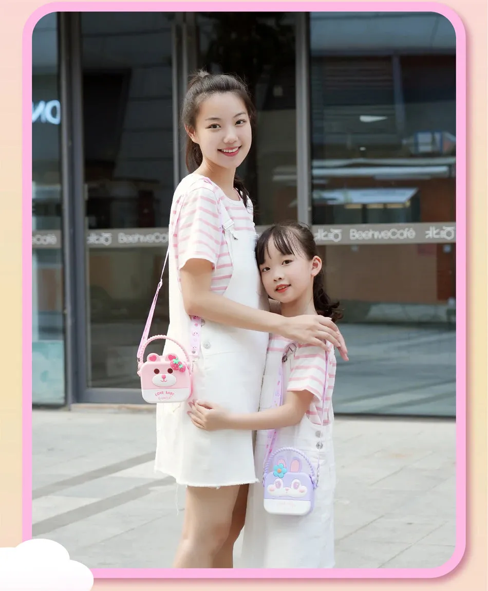 Sweet and Stylish: Strawberry Bear/Flower Bunny Square Silicone Sling Bag for Girls