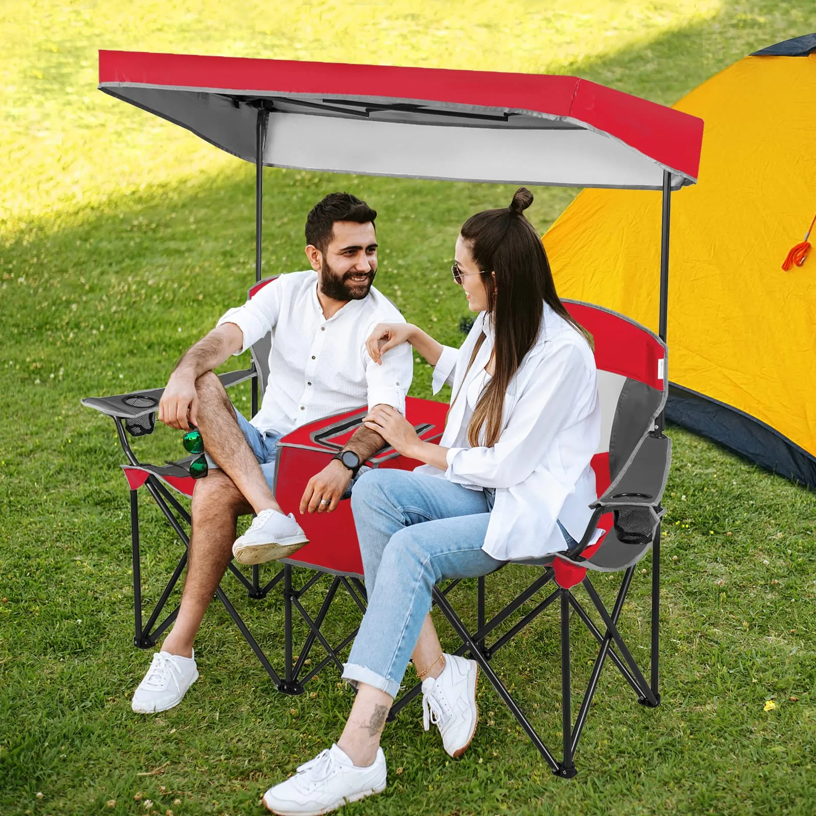 Tangkula Loveseat Camping Chair with Adjustable Shade Canopy