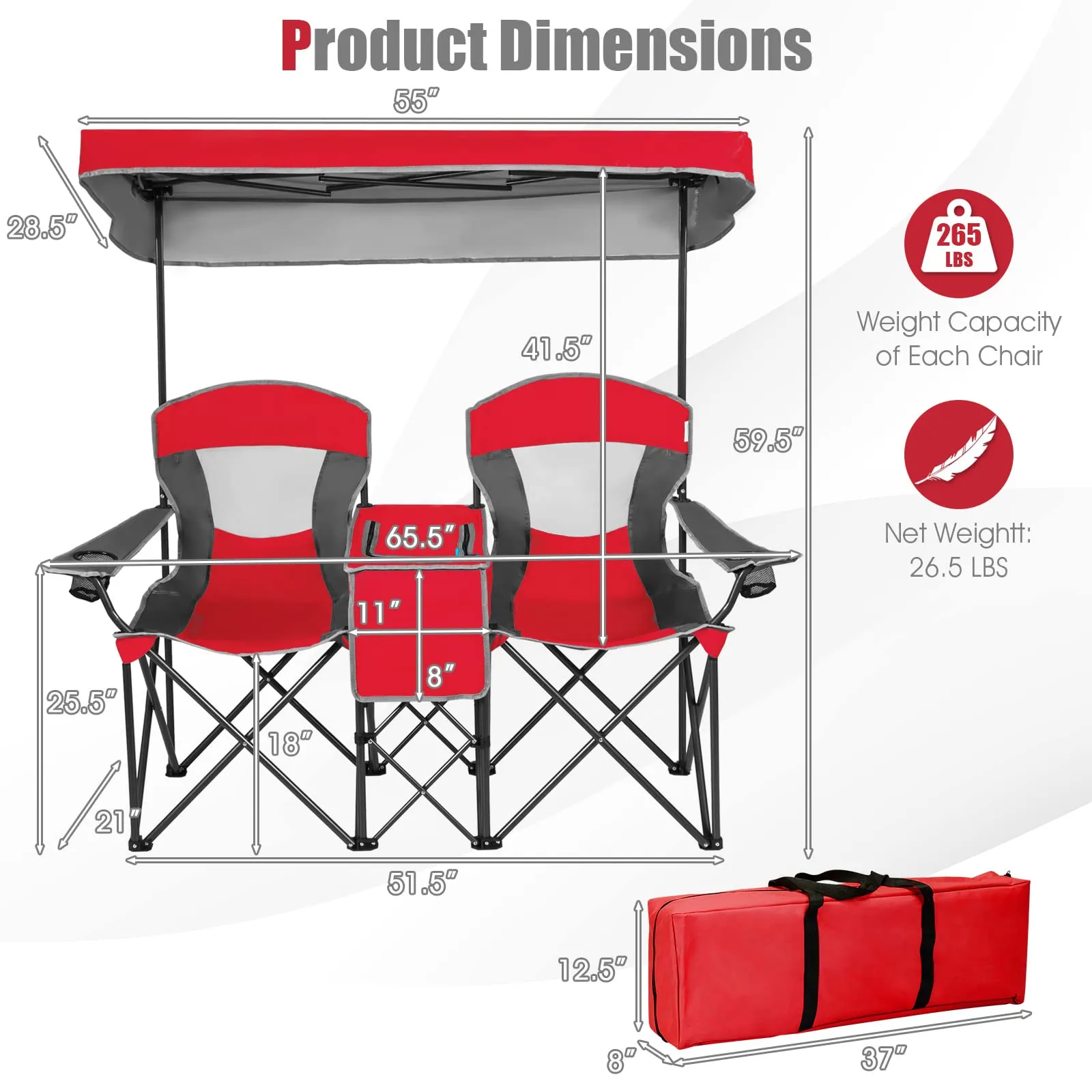 Tangkula Loveseat Camping Chair with Adjustable Shade Canopy