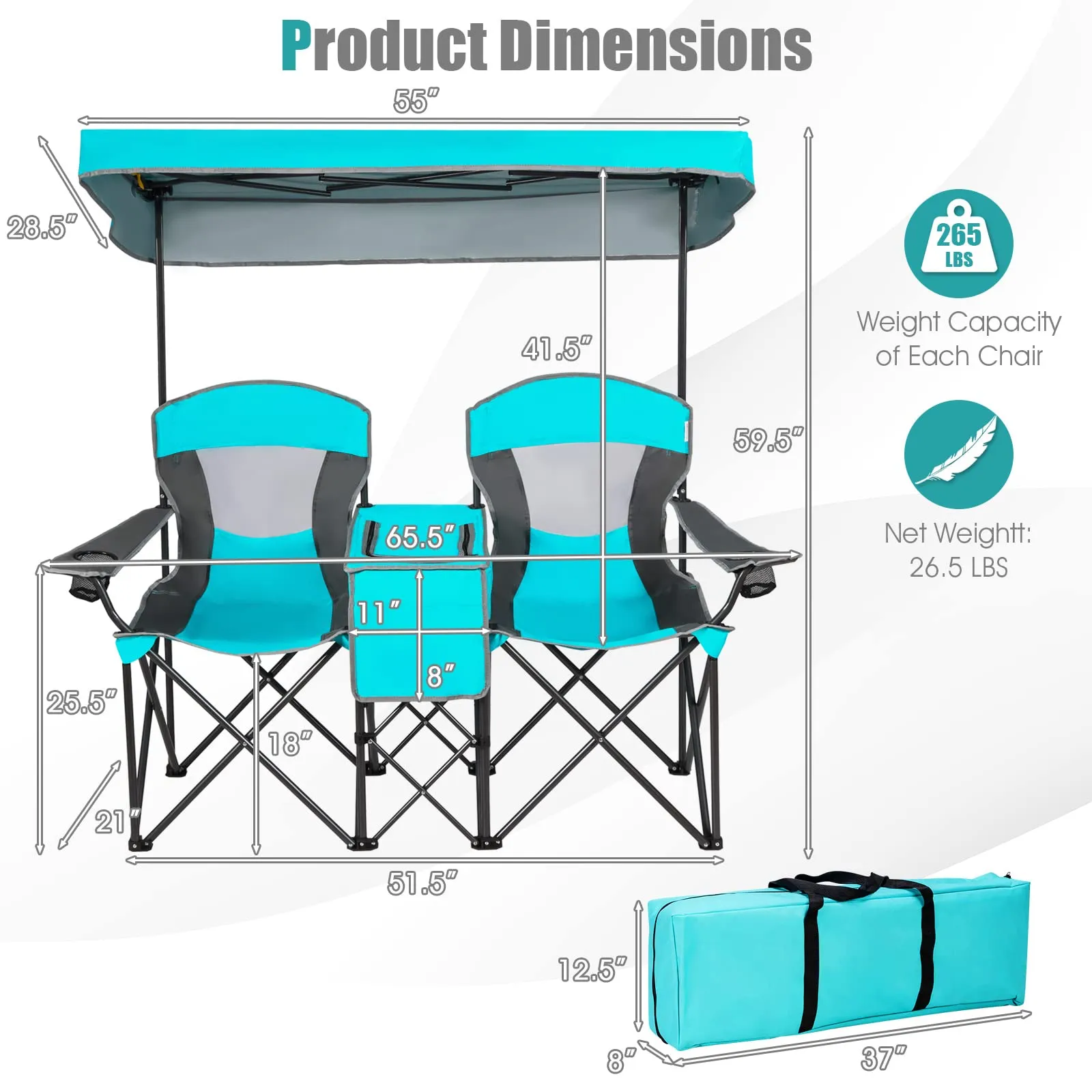 Tangkula Loveseat Camping Chair with Adjustable Shade Canopy