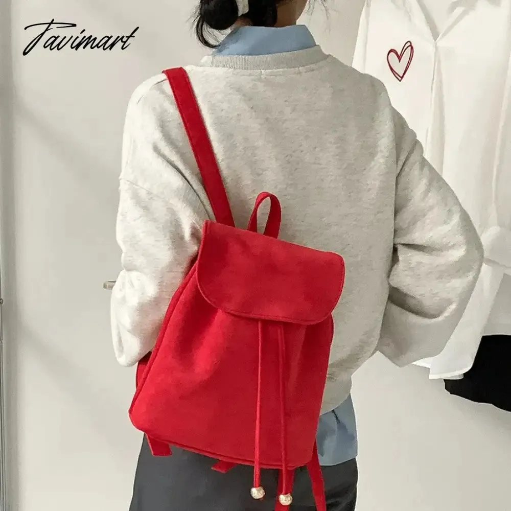 Tavimart Girl Solid Color Retro Style Canvas Korean Casual Women Backpack Harajuku High School Students Washed Canvas Drawstring Backpack